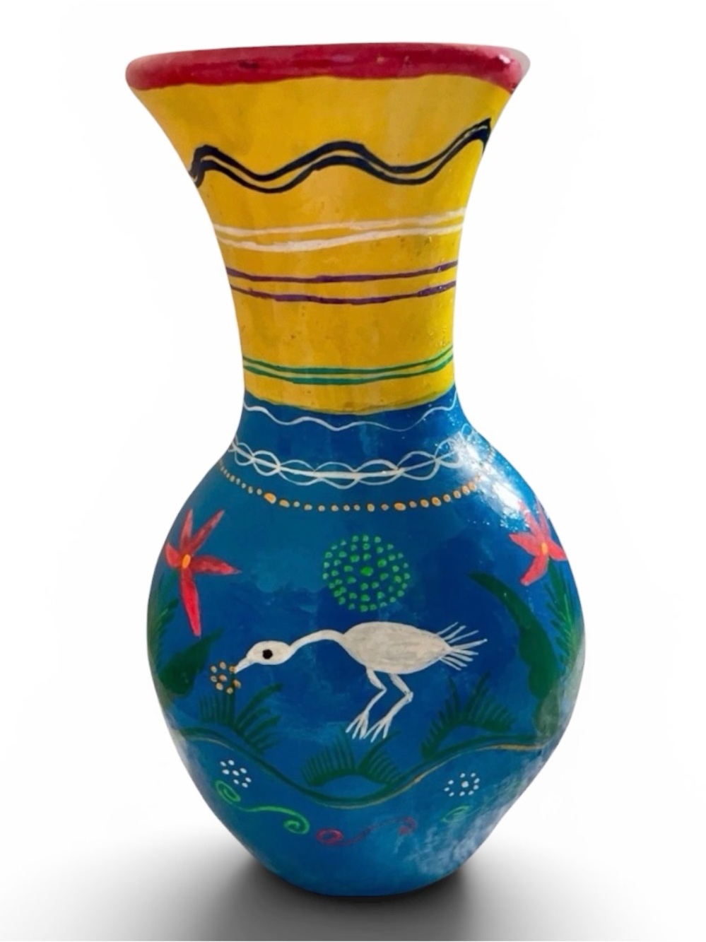 VTG Mexican Folk Art Pottery 5.5" Mini Vase White Egrets Herons Cranes In River